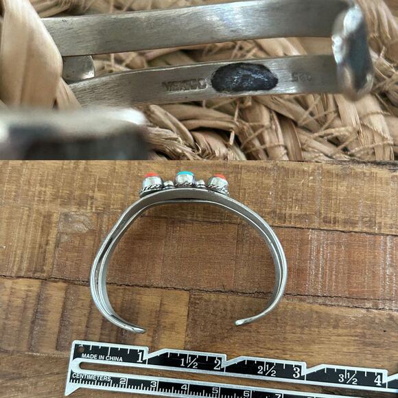 Vintage Navajo Sterling Silver Cuff Bracelet with Coral & Turquoise Cabochons - Picture 7 of 7